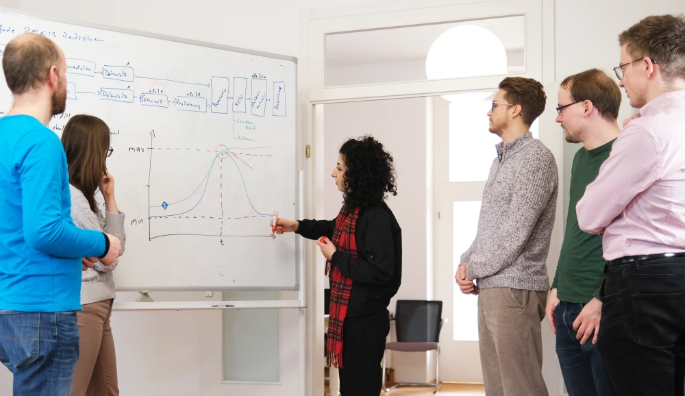 Mitarbeiter diskutieren gemeinsam an einem Whiteboard.