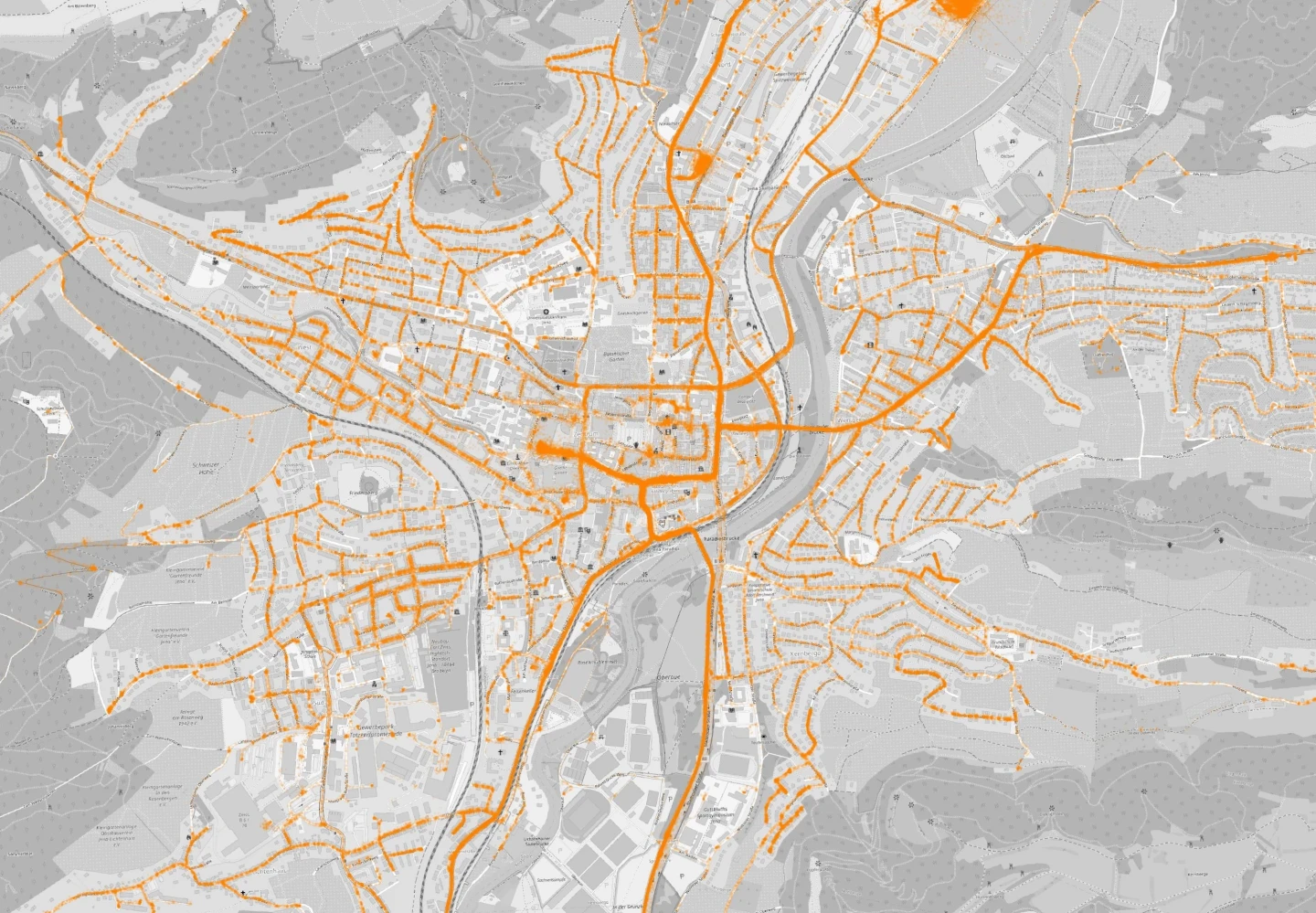 A map in shades of gray with orange-colored routes illustrates the density of data in Jena.