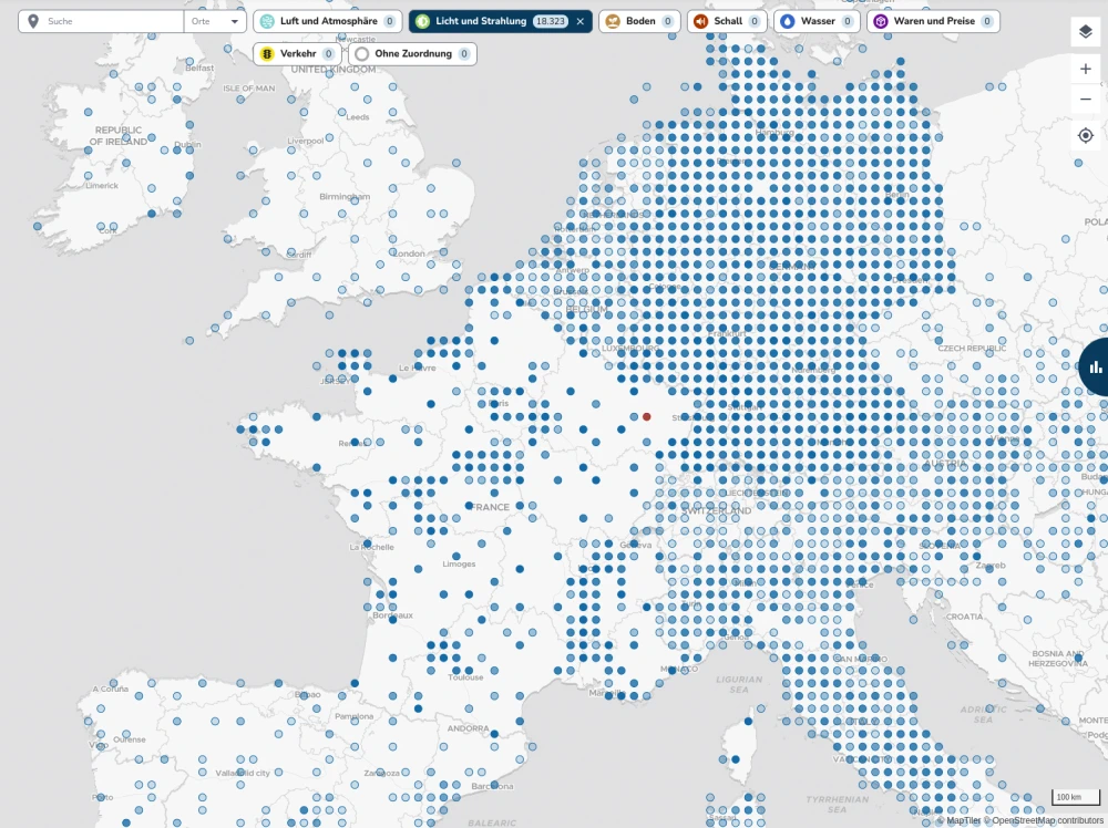 Exploration view of the SENSOR•HUB with search results for Central Europe in the category - Air and Radiation.