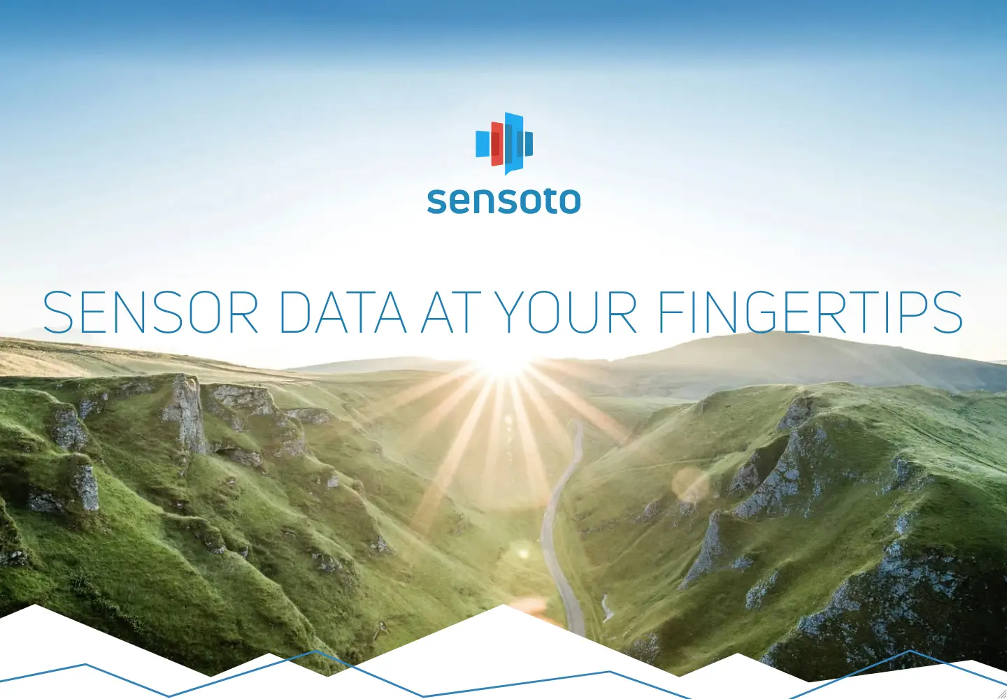 The sensoto logo and claim before a scenic view of green hills and a winding road at sunrise, with sun rays casting light across the valley.