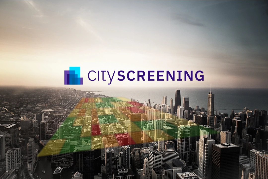 “CityScreening” lettering above an aerial view of a large city.