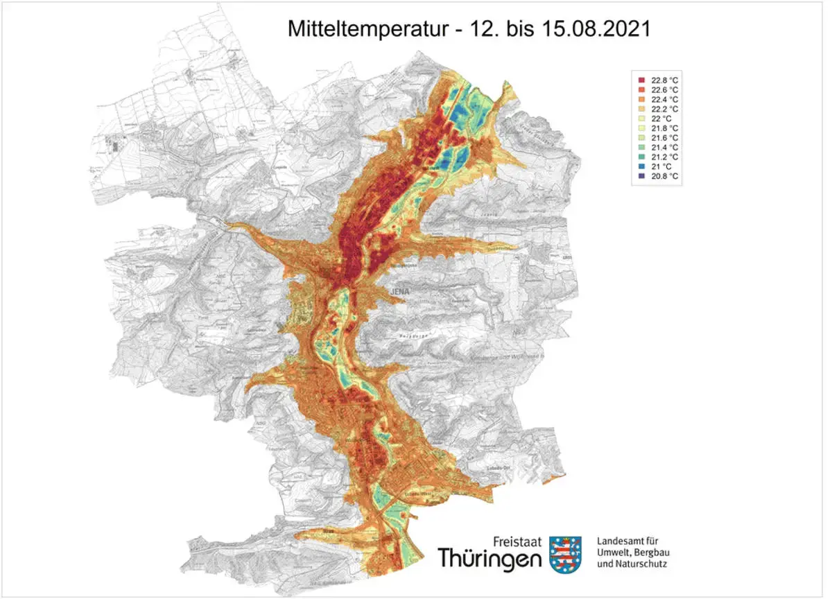 A map with air temperature assessments in the city of Jena.